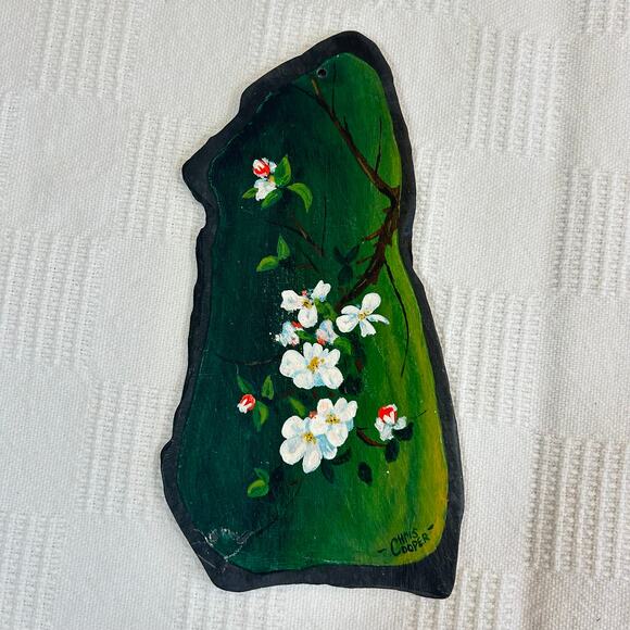 Vintage Apple Blossom Hand Painted Slate Christopher Cooper 1983 9" x 5" Maine - Picture 2 of 8